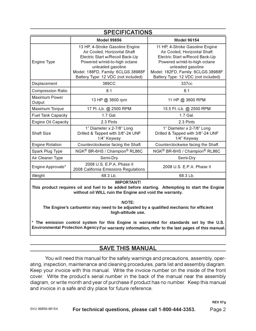 Harbor Freight Tools 99856 - 13 HP, 96154 - 11HP warranty SPEcIfIcATIONS 