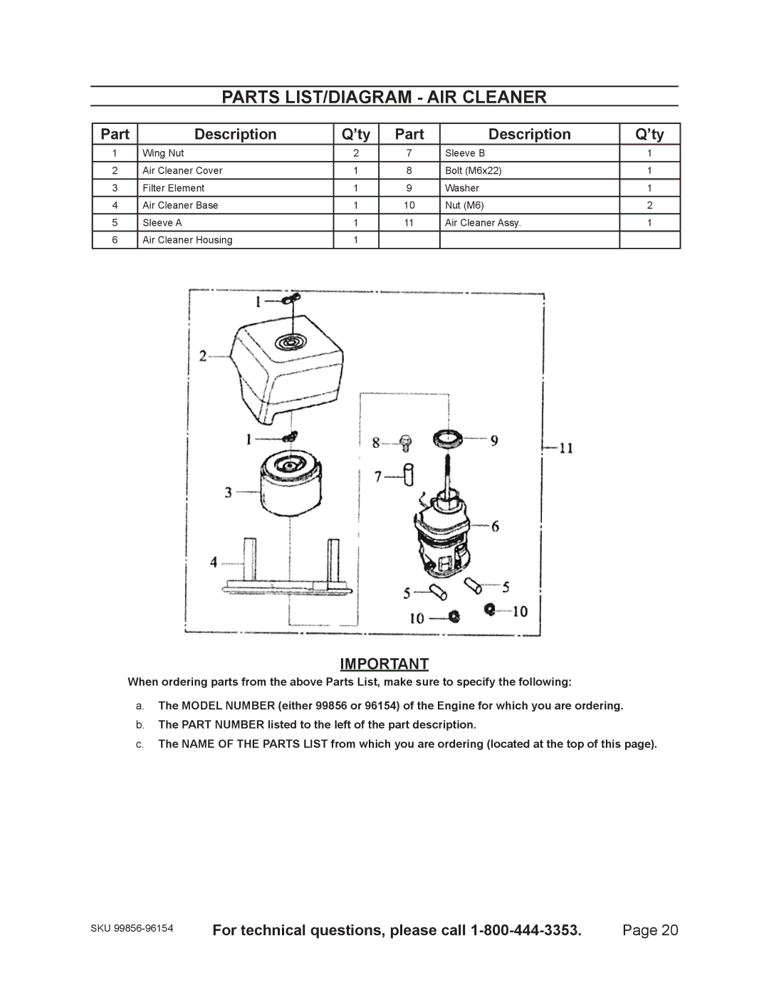 Harbor Freight Tools 99856 - 13 HP, 96154 - 11HP warranty Parts LIST/DIAGRAM AIR Cleaner 