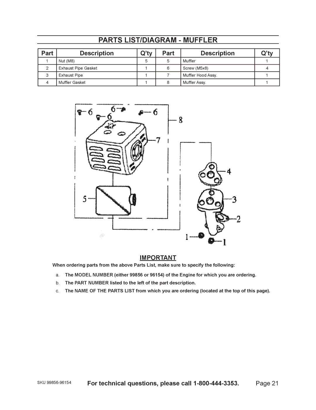 Harbor Freight Tools 96154 - 11HP, 99856 - 13 HP warranty Parts LIST/DIAGRAM Muffler 