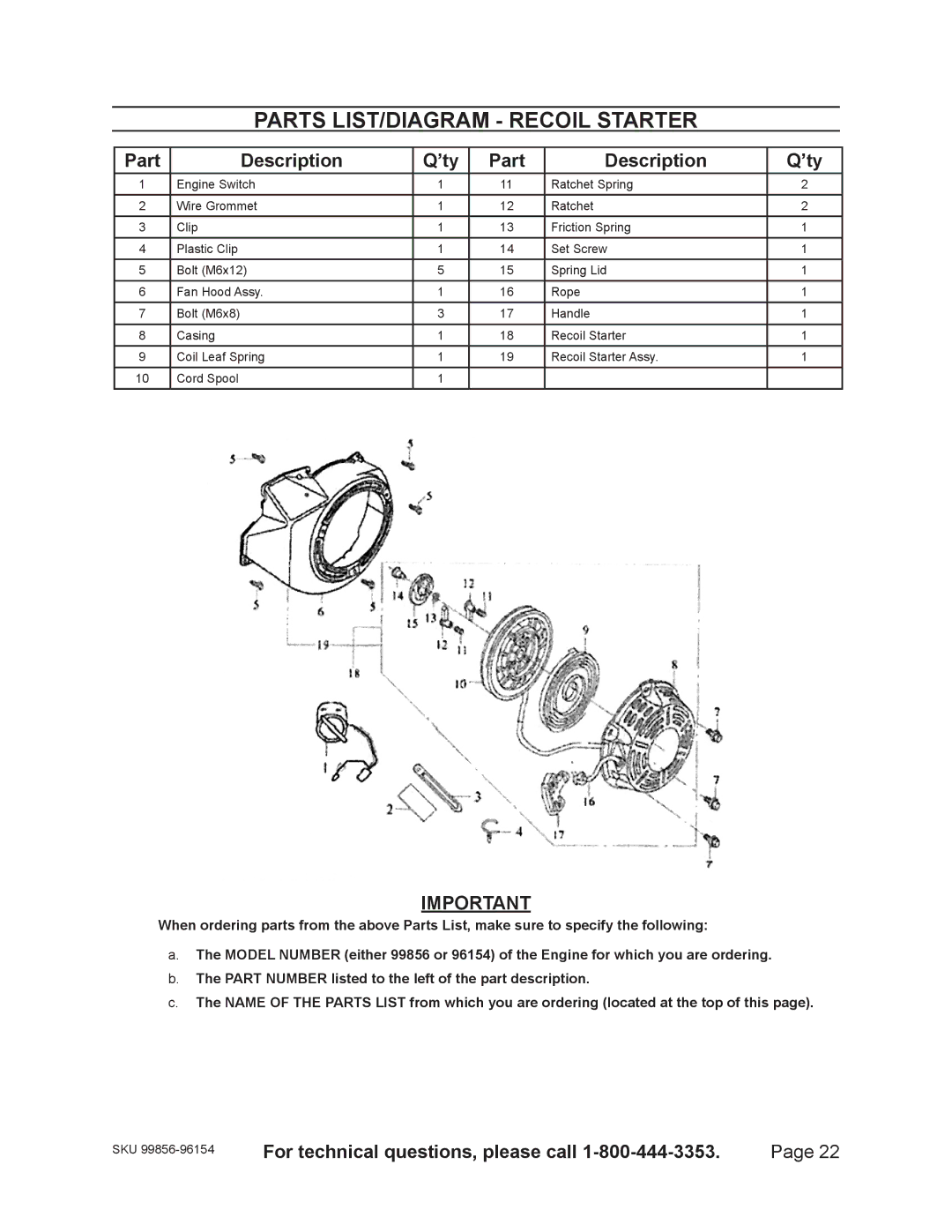 Harbor Freight Tools 99856 - 13 HP, 96154 - 11HP warranty Parts LIST/DIAGRAM Recoil Starter 