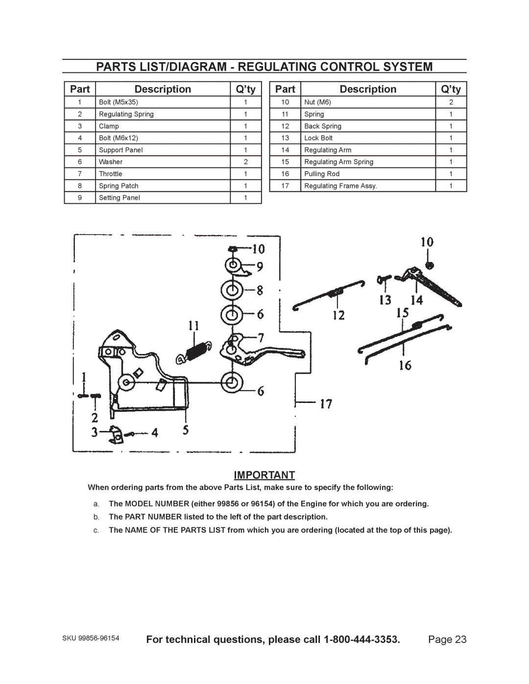 Harbor Freight Tools 96154 - 11HP, 99856 - 13 HP warranty Parts LIST/DIAGRAM Regulating Control System 