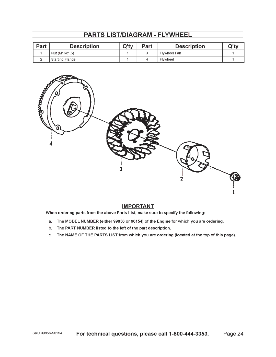 Harbor Freight Tools 99856 - 13 HP, 96154 - 11HP warranty Parts LIST/DIAGRAM Flywheel 