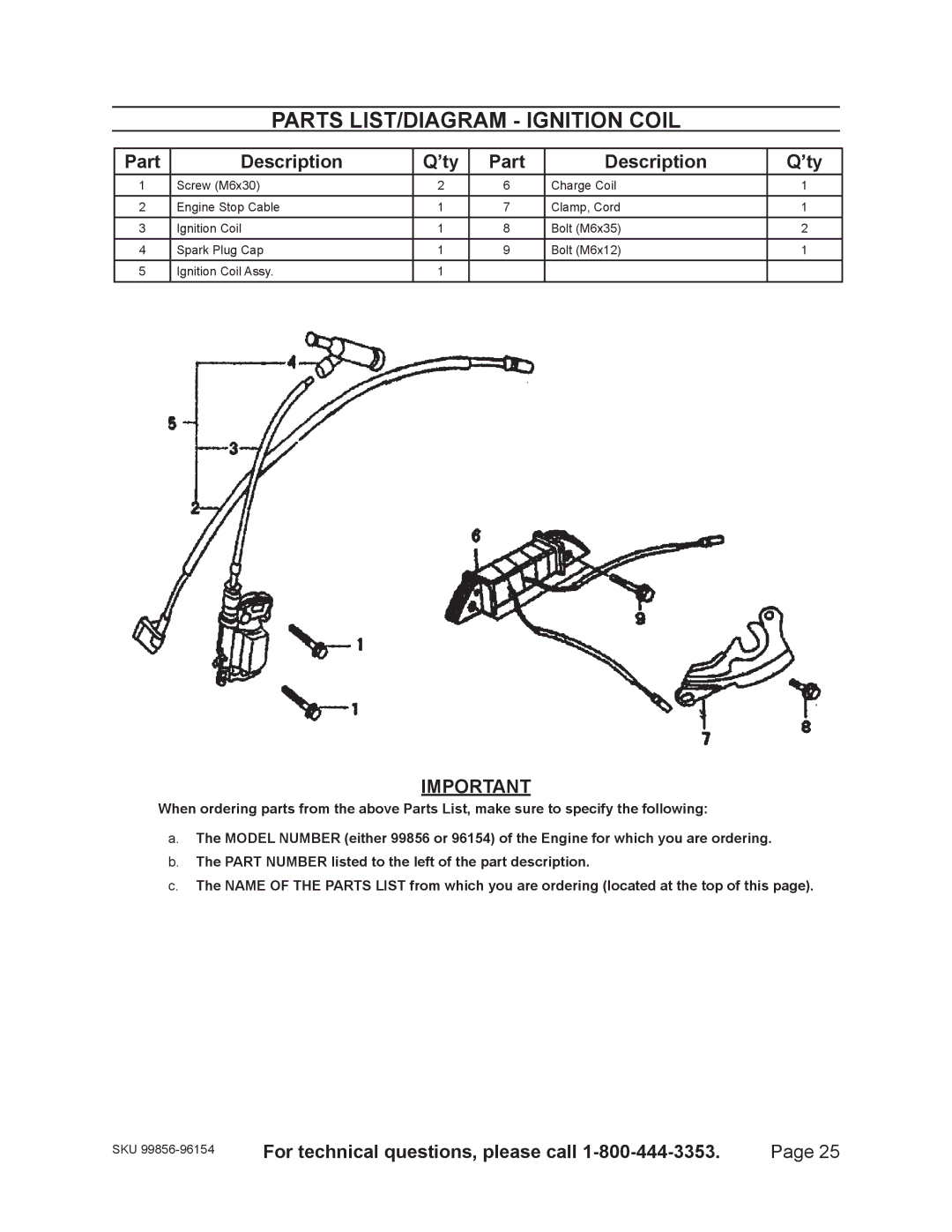 Harbor Freight Tools 96154 - 11HP, 99856 - 13 HP warranty Parts LIST/DIAGRAM Ignition Coil 