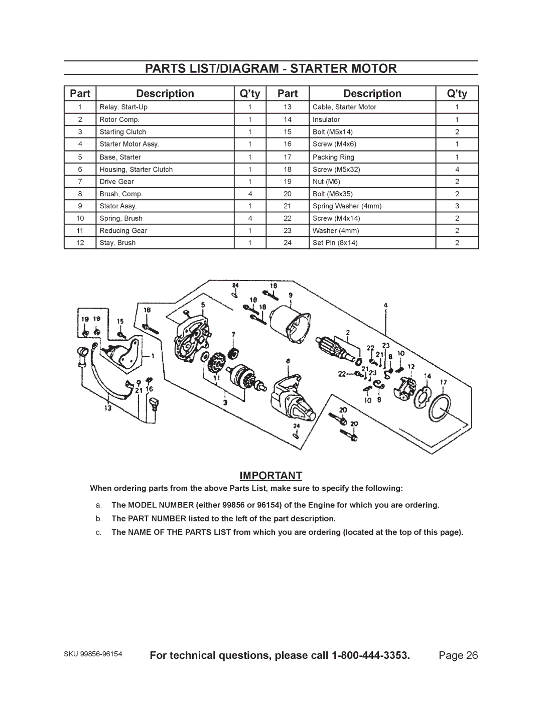 Harbor Freight Tools 99856 - 13 HP, 96154 - 11HP warranty Parts LIST/DIAGRAM Starter Motor 