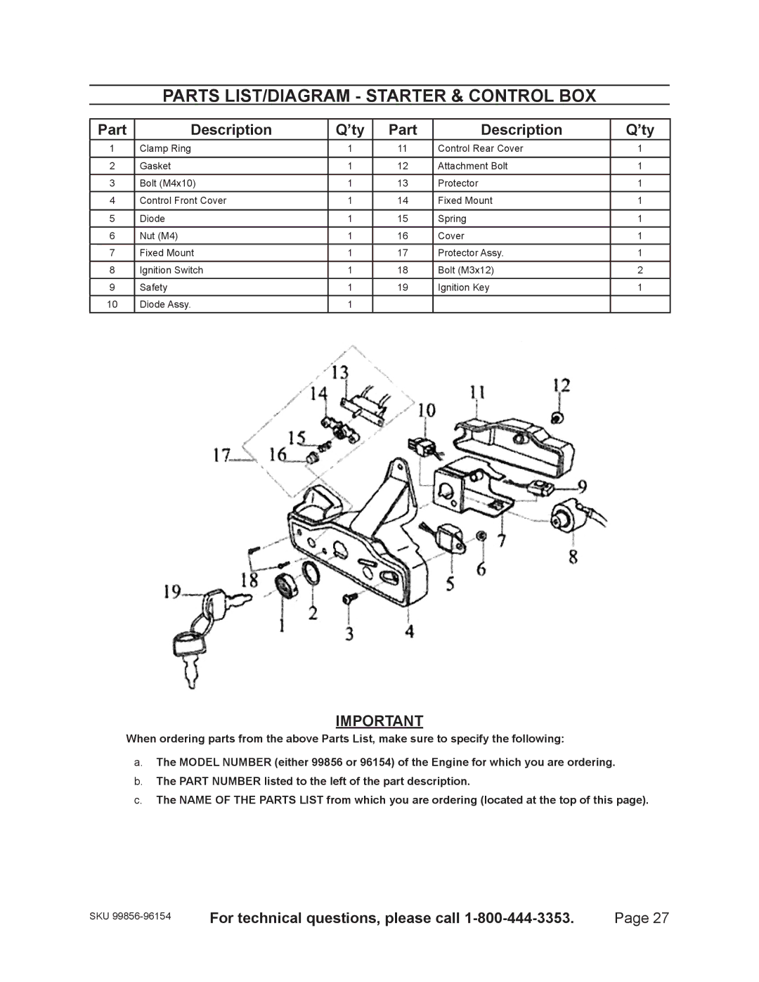 Harbor Freight Tools 96154 - 11HP, 99856 - 13 HP warranty Parts LIST/DIAGRAM Starter & Control BOX 