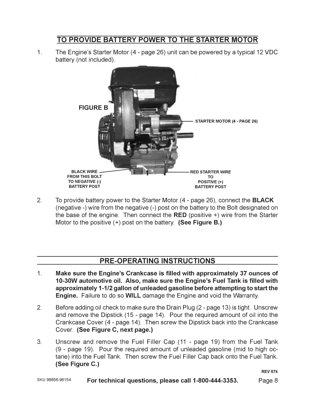 Harbor Freight Tools 99856 - 13 HP, 96154 - 11HP To Provide Battery Power to the Starter Motor, PRE-OPERATING Instructions 