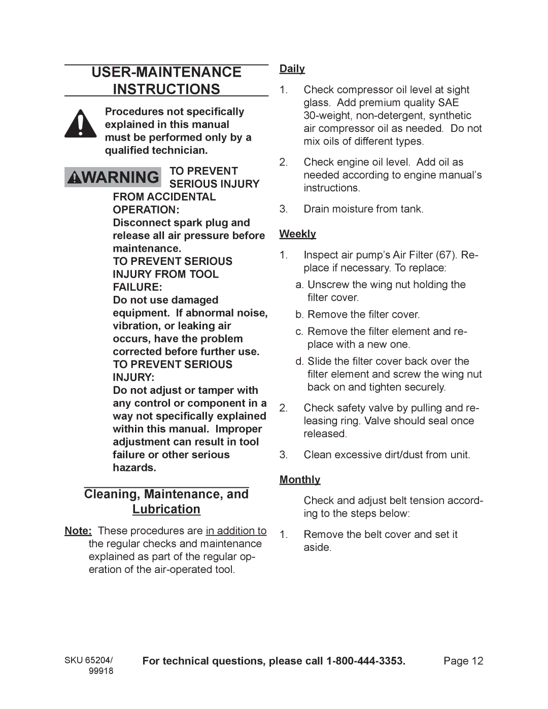 Harbor Freight Tools 99918, 65204 operating instructions User-Maintenance Instructions, Cleaning, Maintenance, Lubrication 