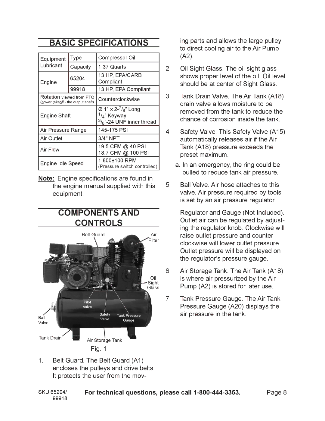 Harbor Freight Tools 99918, 65204 operating instructions Basic Specifications, Components Controls 