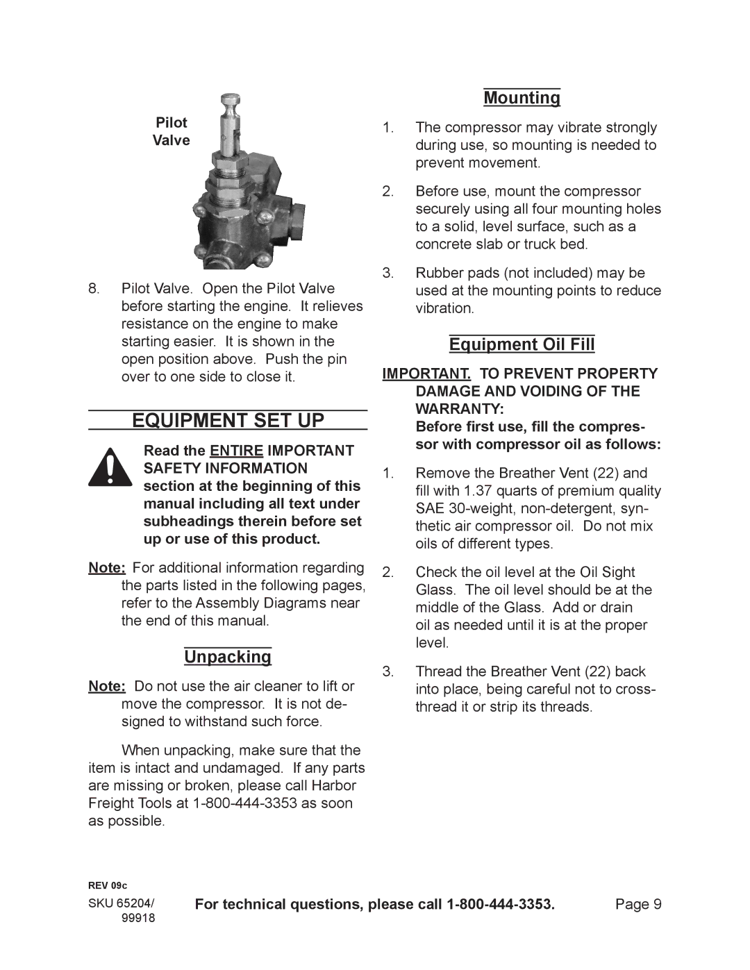 Harbor Freight Tools 65204, 99918 Equipment Set Up, Unpacking, Mounting, Equipment Oil Fill, Pilot Valve 