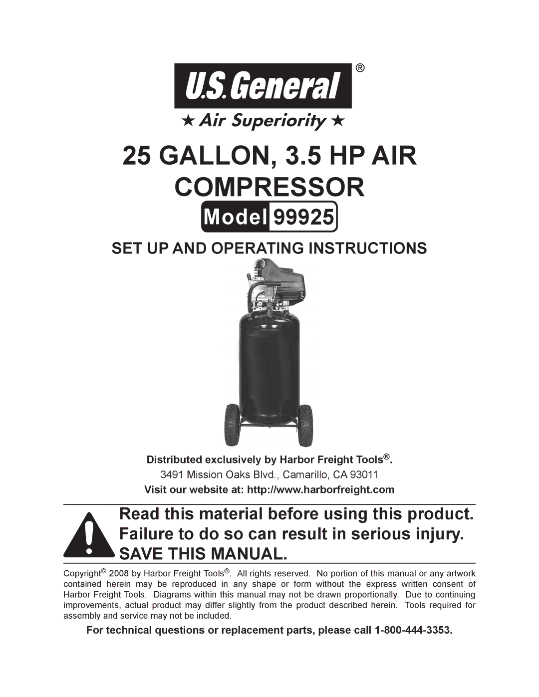 Harbor Freight Tools 99925 operating instructions Distributed exclusively by Harbor Freight Tools 