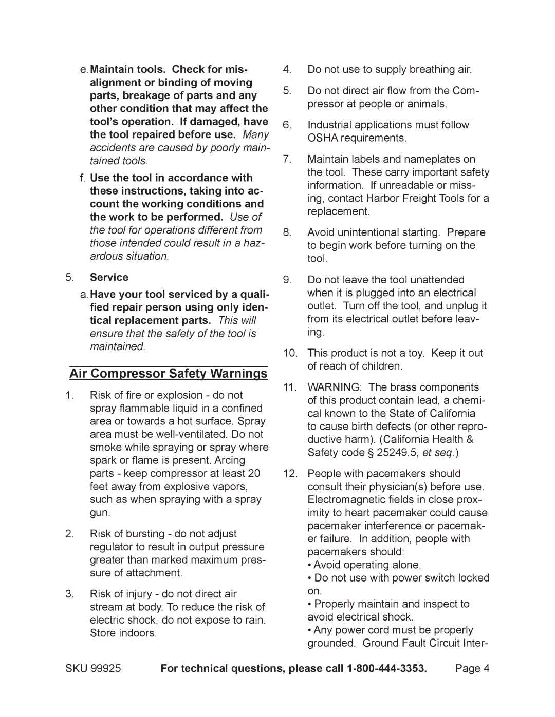 Harbor Freight Tools 99925 operating instructions Air Compressor Safety Warnings 