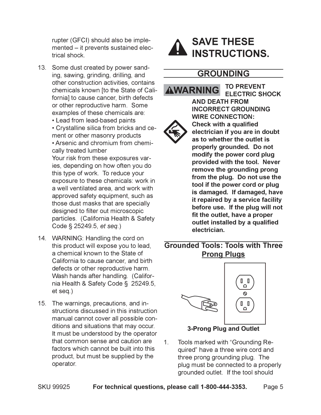 Harbor Freight Tools 99925 operating instructions Grounding, Grounded Tools Tools with Three Prong Plugs 