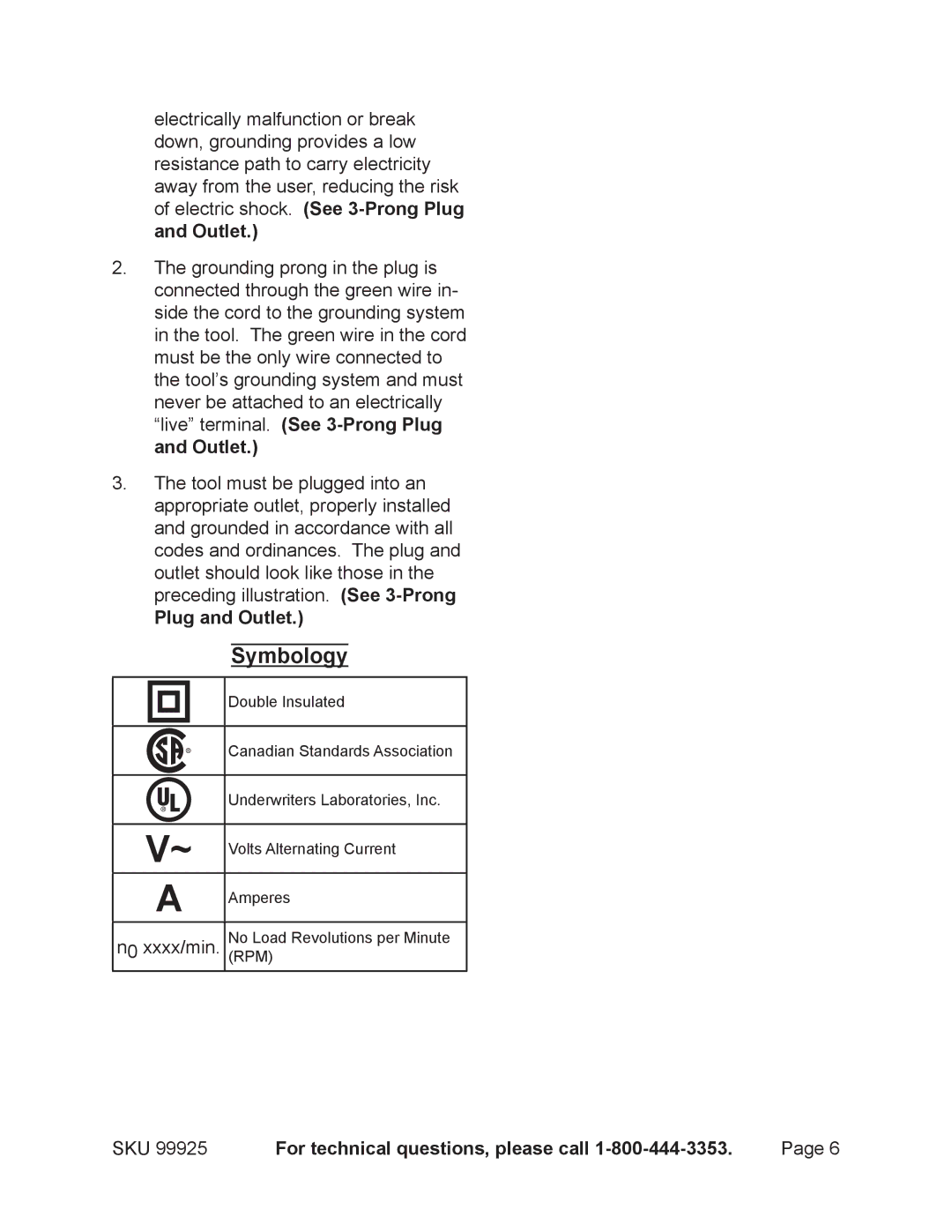 Harbor Freight Tools 99925 operating instructions Symbology, Plug and Outlet 