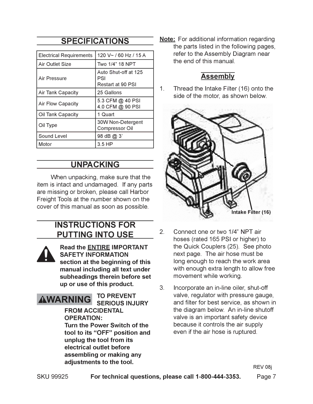 Harbor Freight Tools 99925 operating instructions Specifications, Unpacking, Instructions for putting into use, Assembly 