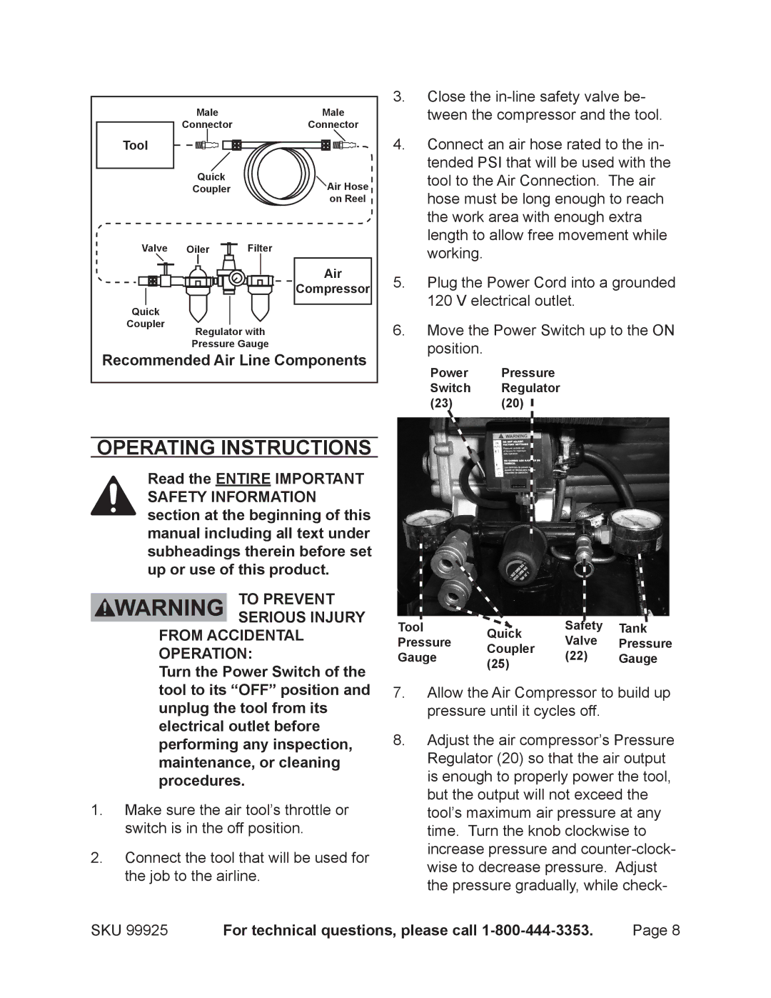 Harbor Freight Tools 99925 operating instructions Operating Instructions, Recommended Air Line Components 