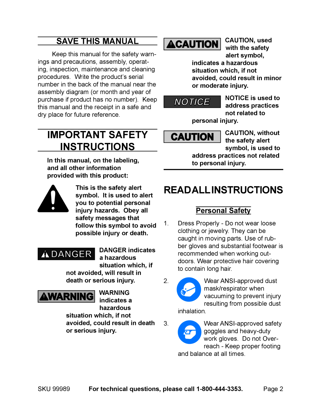 Harbor Freight Tools 99989 manual Important Safety Instructions, ReadAllInstructions, Save This Manual, Personal Safety 