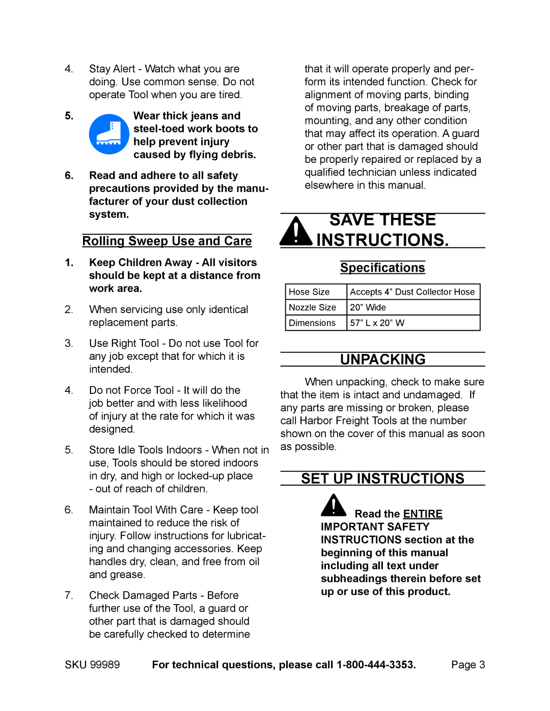 Harbor Freight Tools 99989 manual Save these Instructions, Unpacking, Set Up Instructions, Rolling Sweep Use and Care 