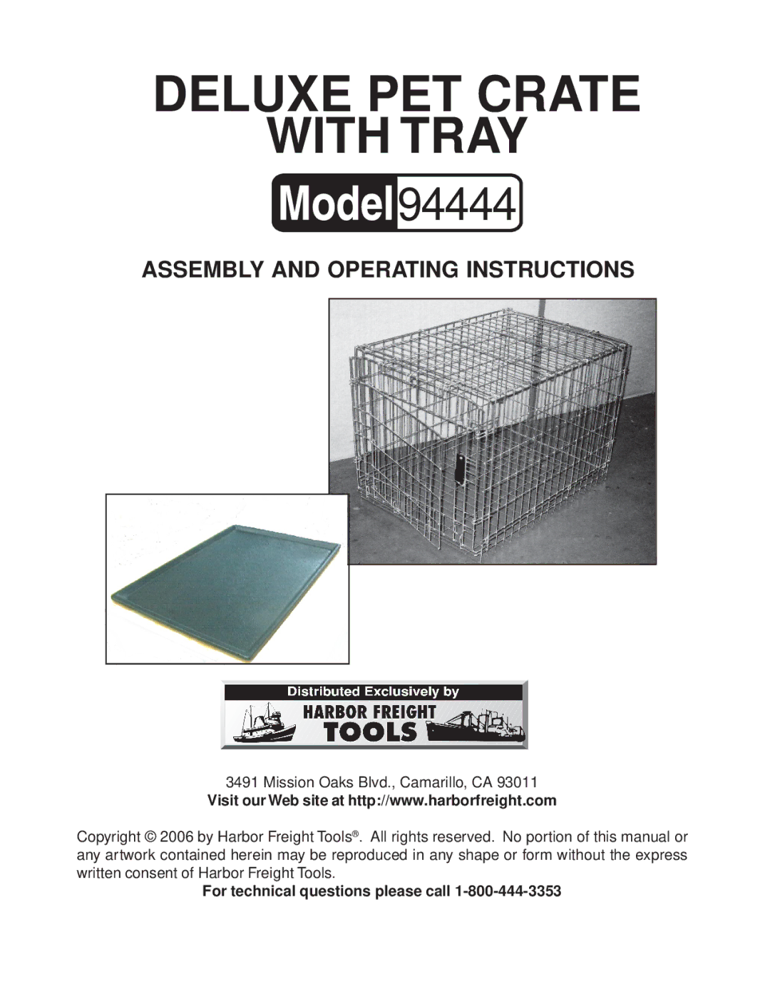 Harbor Freight Tools Deluxe Pet Crate with Tray, 94444 manual Deluxe PET Crate With Tray 