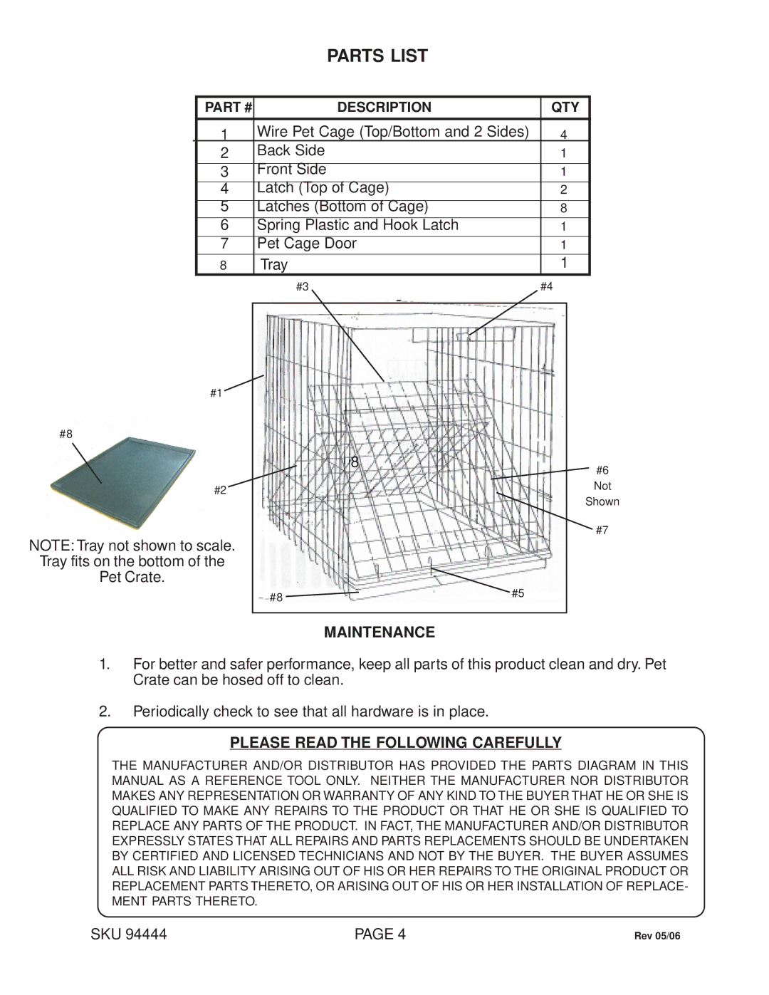 Harbor Freight Tools 94444, Deluxe Pet Crate with Tray manual Maintenance, Please Read the Following Carefully 