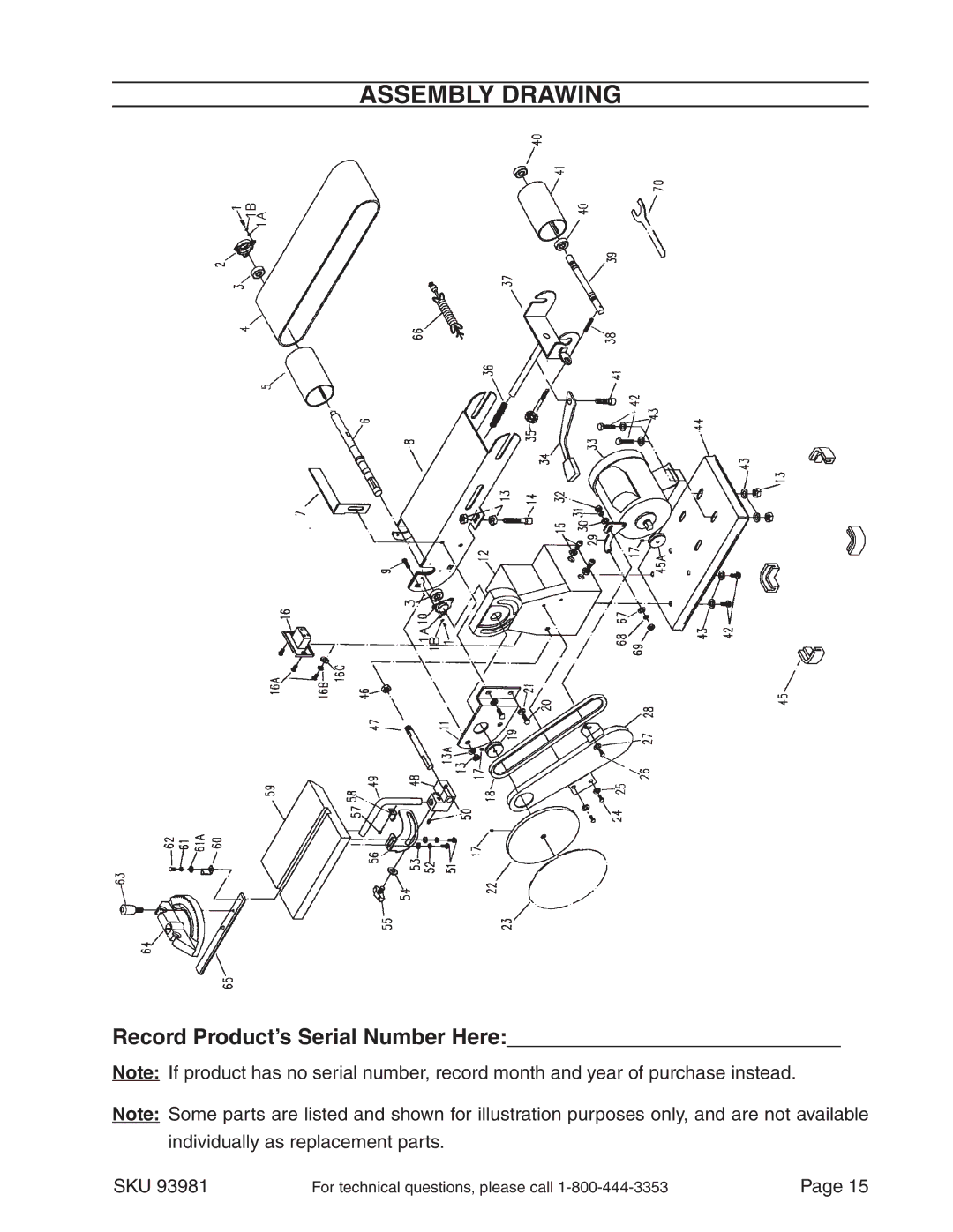 Harbor Freight Tools Four Inch Belt and 6 Inch Disk Sander, 93981 Assembly Drawing, Record Product’s Serial Number Here 