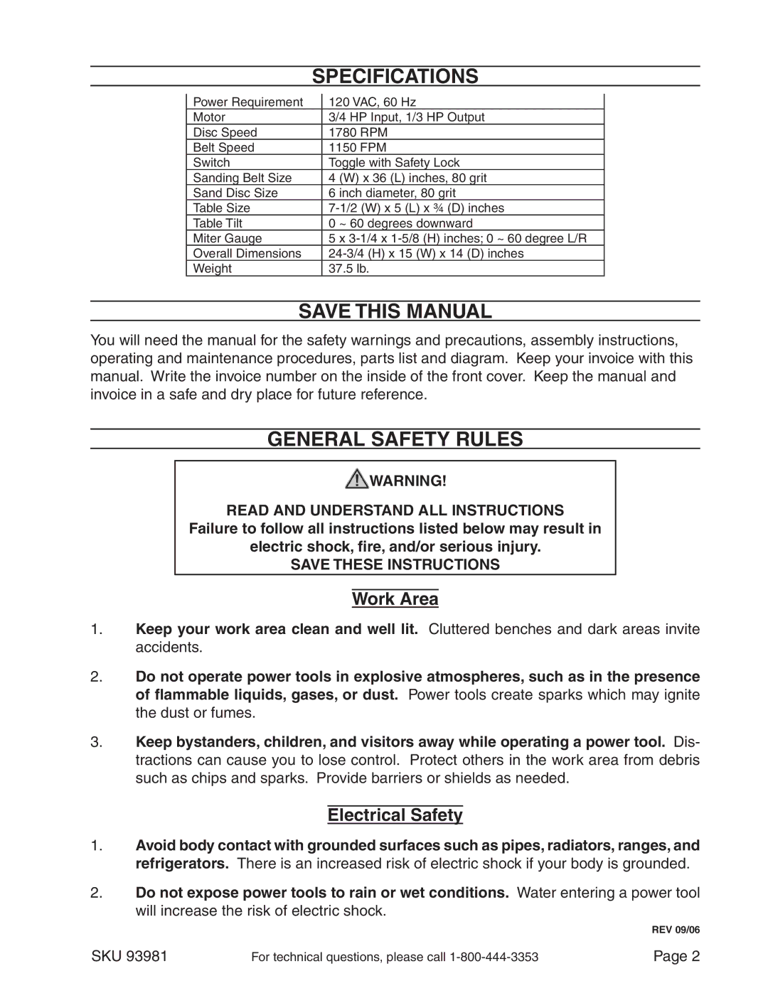 Harbor Freight Tools 93981 Specifications, Save This Manual, General Safety Rules, Work Area, Electrical Safety 