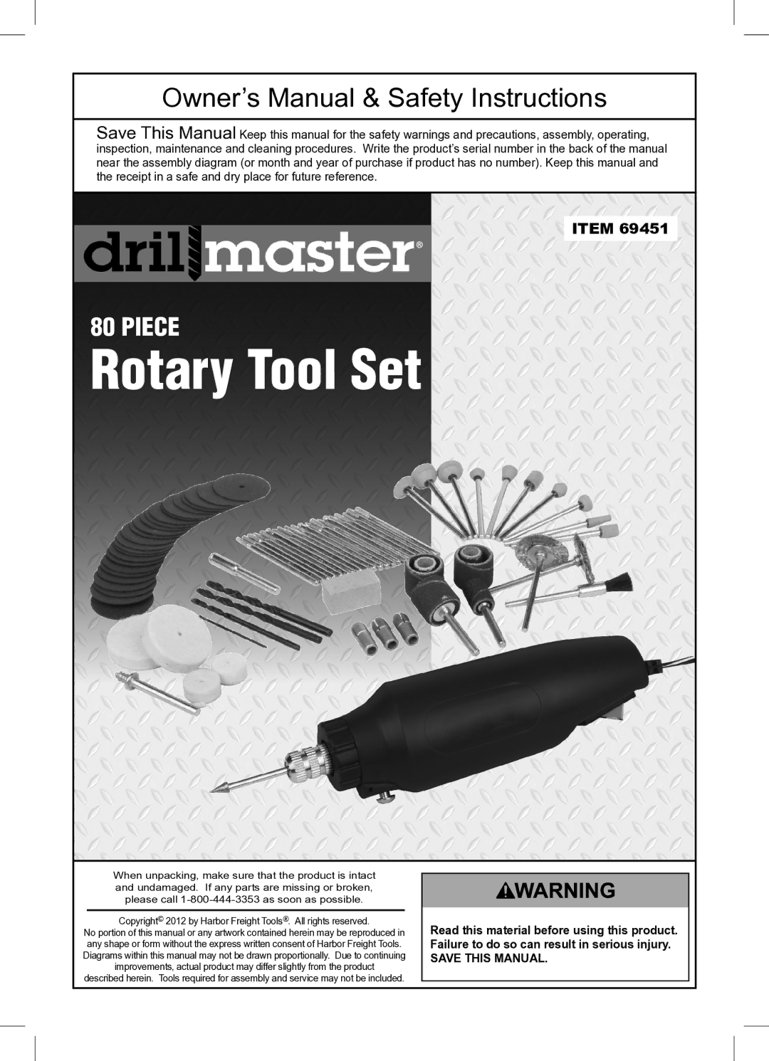 Harbor Freight Tools ITEM 69451 owner manual Rotary Tool Set 