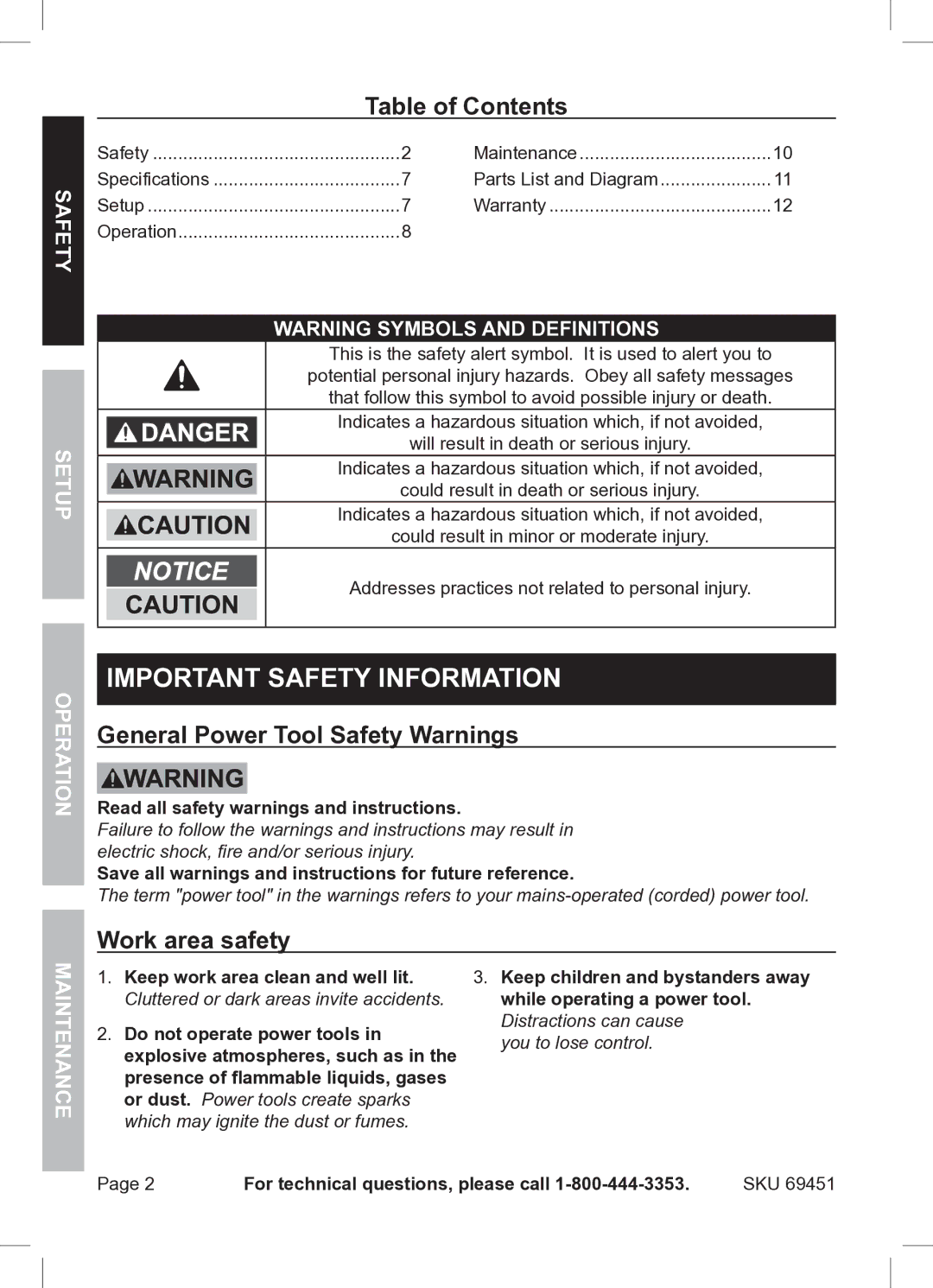 Harbor Freight Tools ITEM 69451 owner manual Table of Contents, General Power Tool Safety Warnings, Work area safety 