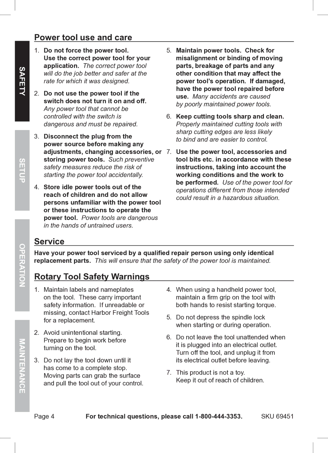 Harbor Freight Tools ITEM 69451 Power tool use and care, Service, Rotary Tool Safety Warnings, Fet Sa Setup no rati, Ope 