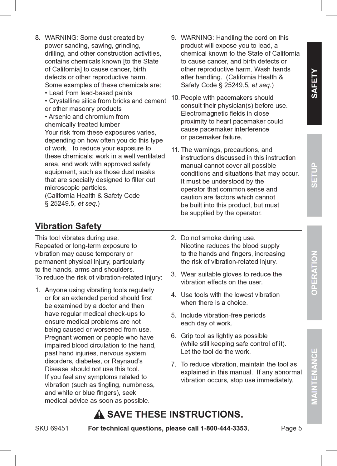 Harbor Freight Tools ITEM 69451 owner manual Vibration Safety, Safety Setup, Operation Maintenance 