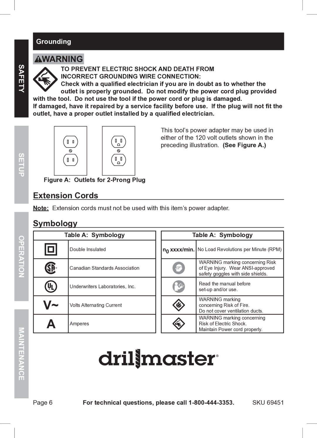 Harbor Freight Tools ITEM 69451 owner manual Extension Cords Symbology, Ope Maintenan, Grounding, Table a Symbology 