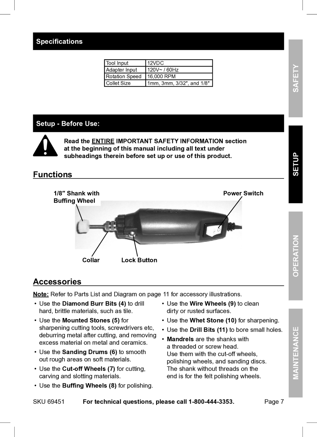 Harbor Freight Tools ITEM 69451 owner manual Functions, Accessories, Specifications, Setup Before Use 