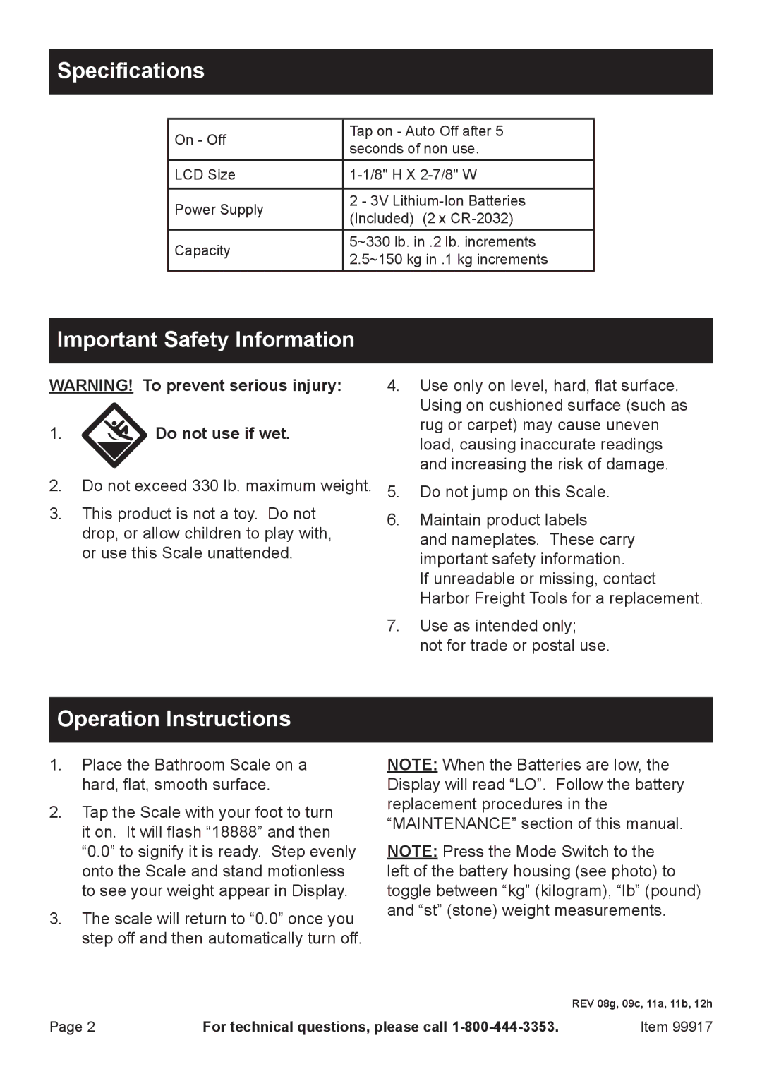 Harbor Freight Tools Item 99917 Specifications, Important Safety Information, Operation Instructions, Do not use if wet 