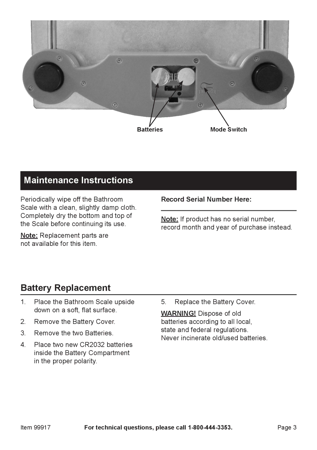 Harbor Freight Tools Item 99917 manual Maintenance Instructions, Record Serial Number Here 