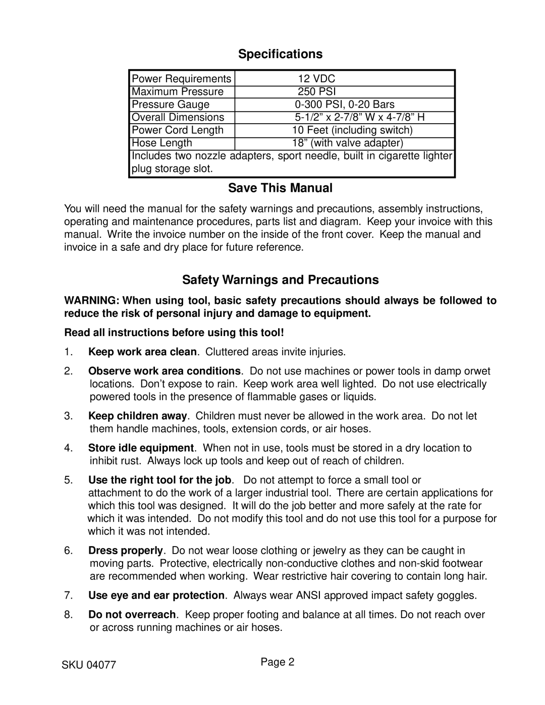 Harbor Freight Tools 4077, Mini Air Compressor 250 PSI Specifications, Save This Manual, Safety Warnings and Precautions 