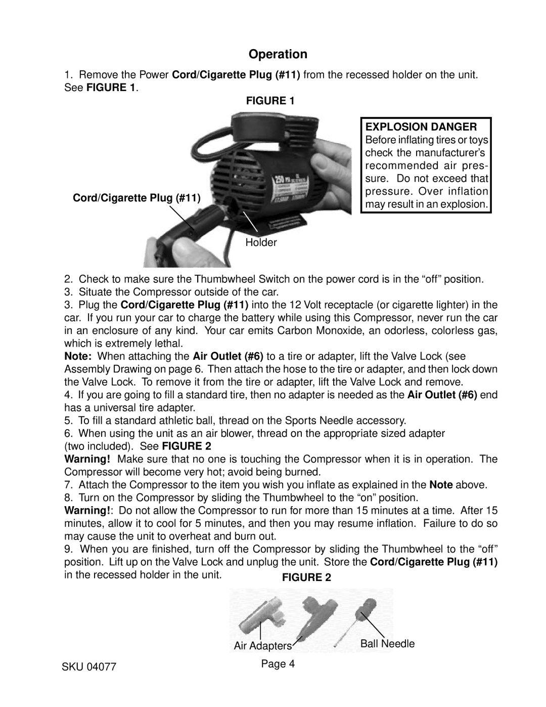 Harbor Freight Tools 4077, Mini Air Compressor 250 PSI operating instructions Operation, Cord/Cigarette Plug #11 