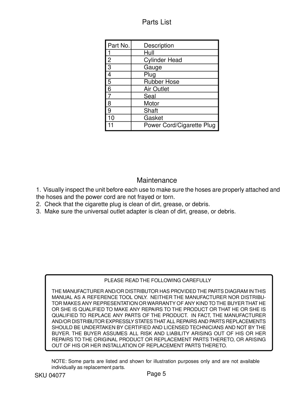 Harbor Freight Tools Mini Air Compressor 250 PSI, 4077 operating instructions Parts List, Maintenance 