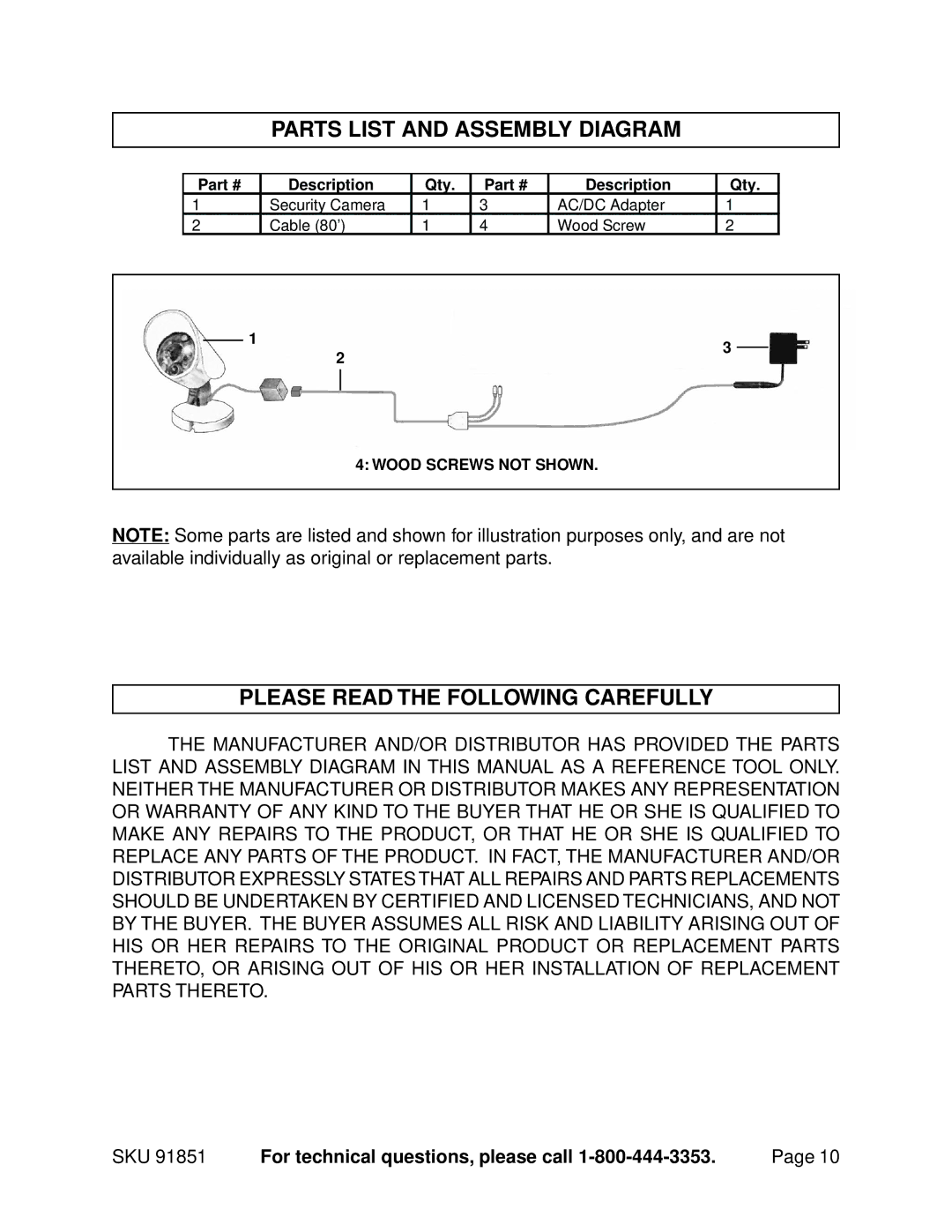 Harbor Freight Tools Model 91851 manual Parts List and Assembly Diagram, Please Read the Following Carefully 