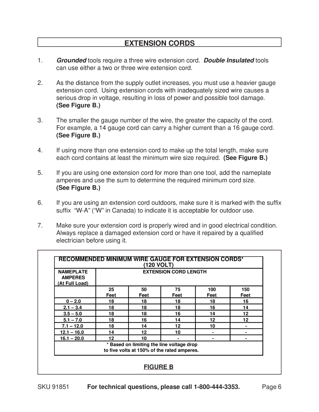 Harbor Freight Tools Model 91851 manual Extension Cords, See Figure B 