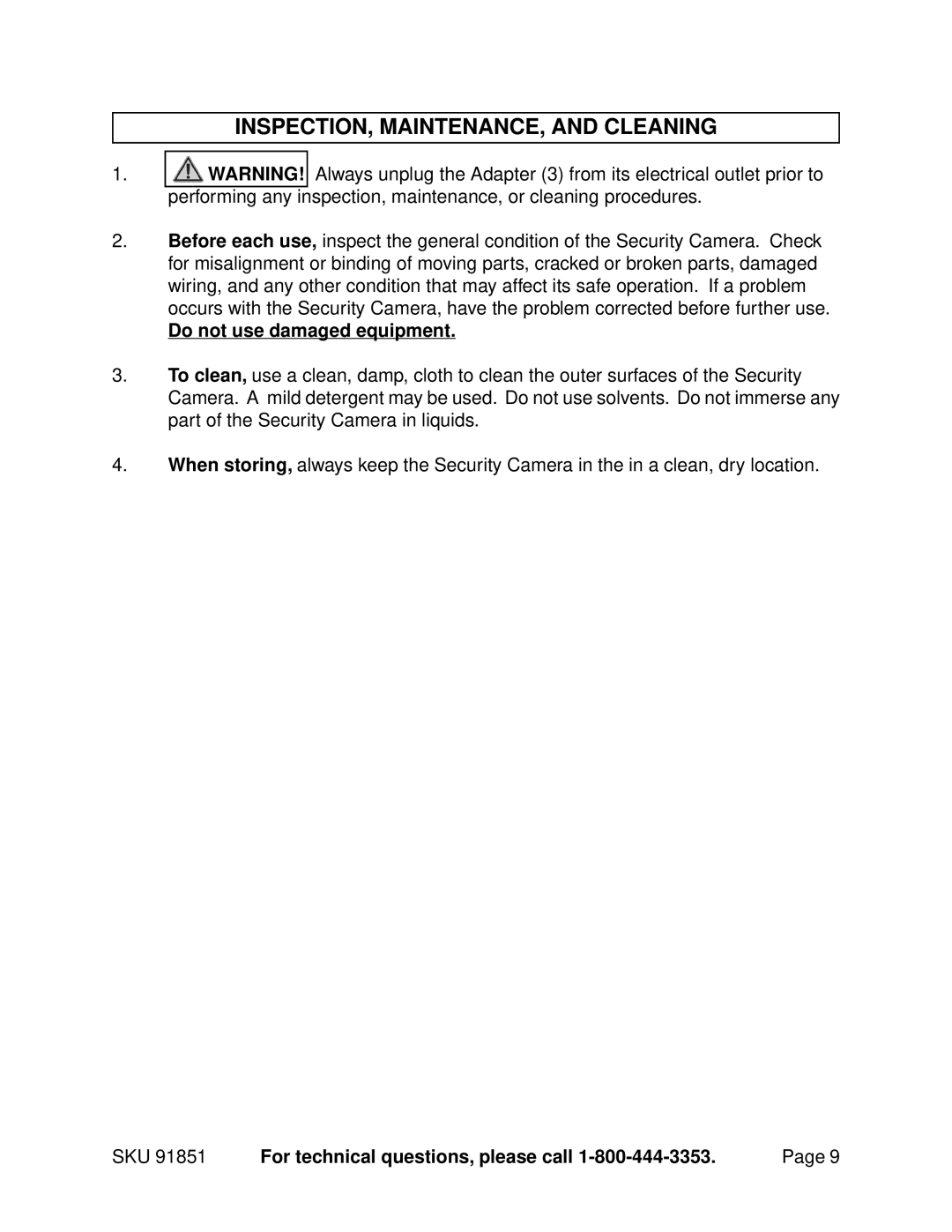 Harbor Freight Tools Model 91851 manual INSPECTION, MAINTENANCE, and Cleaning, Do not use damaged equipment 