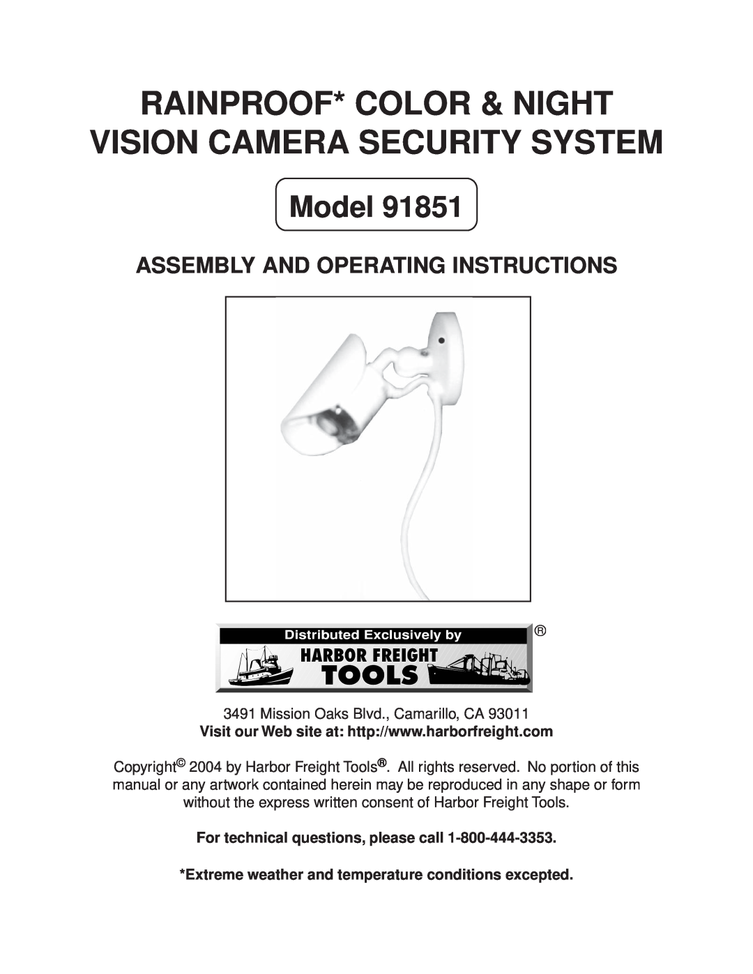 Harbor Freight Tools Model 91851 manual Rainproof* Color & Night, Vision Camera Security System 