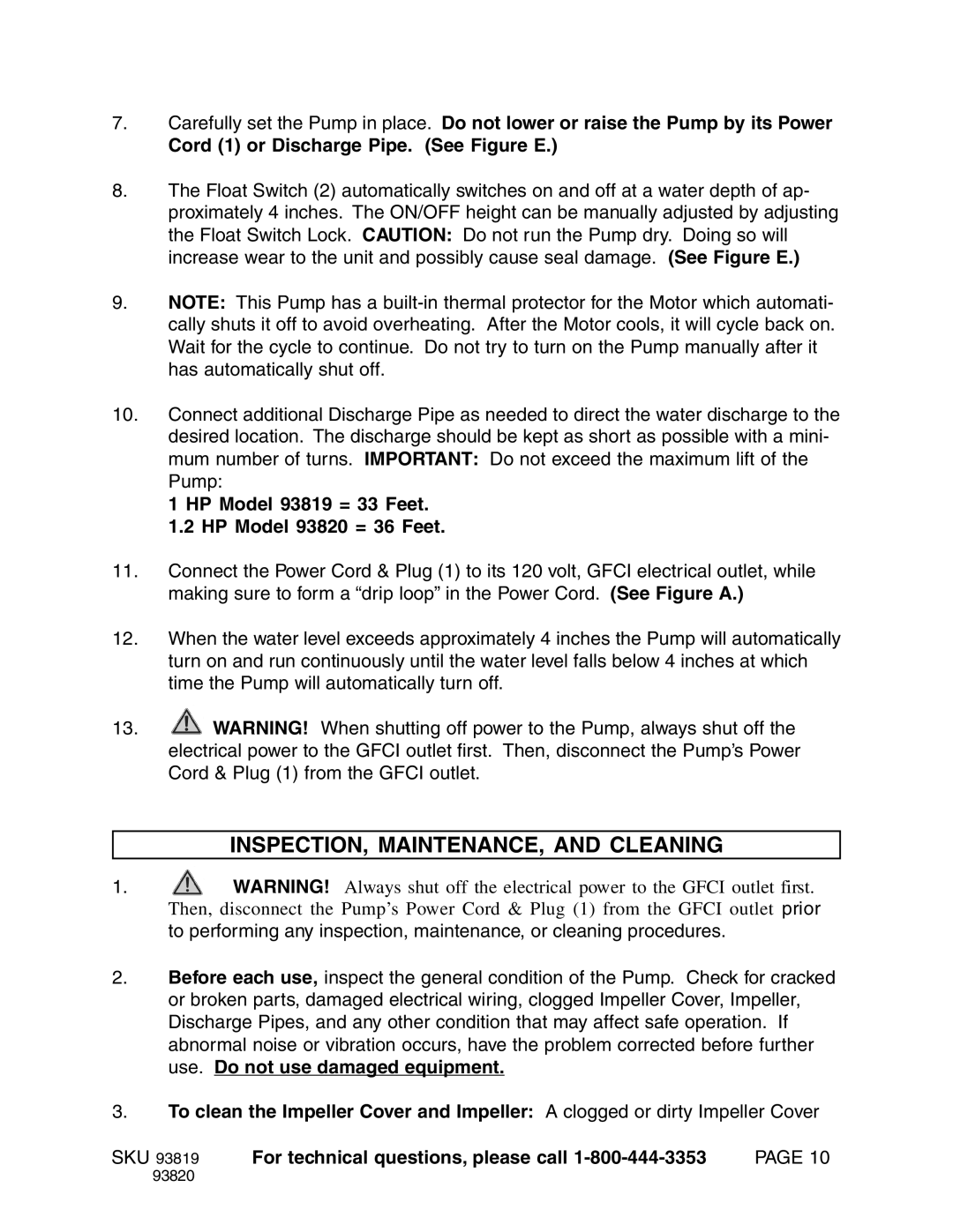 Harbor Freight Tools manual INSPECTION, MAINTENANCE, and Cleaning, HP Model 93819 = 33 Feet HP Model 93820 = 36 Feet 