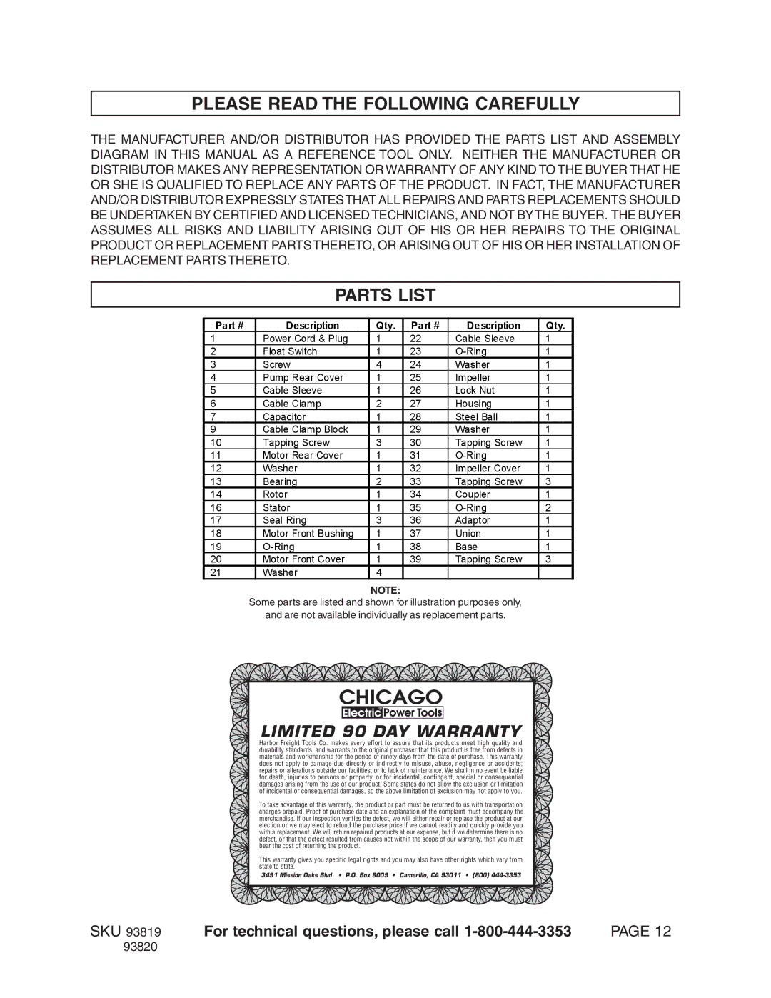 Harbor Freight Tools Model 93819 manual Please Read the Following Carefully, Parts List 