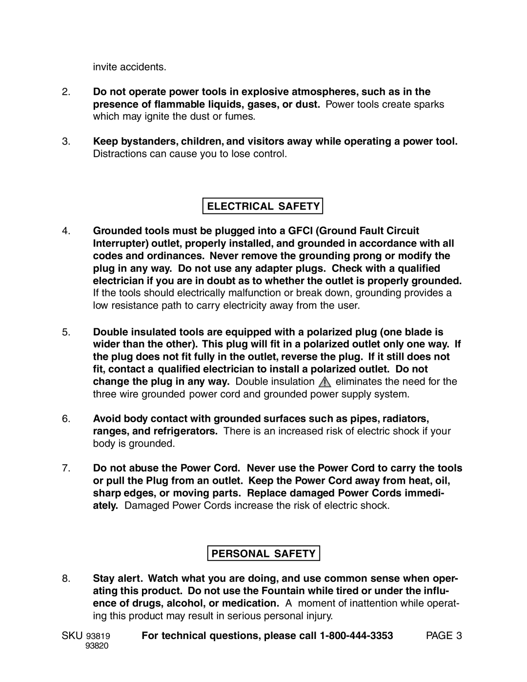 Harbor Freight Tools Model 93819 manual Electrical Safety, Personal Safety 