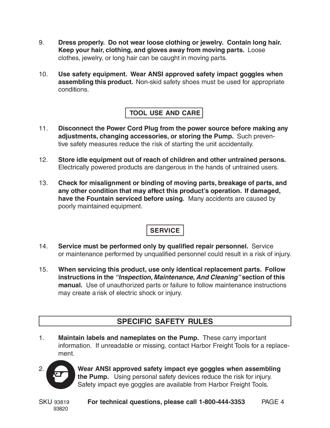 Harbor Freight Tools Model 93819 manual Specific Safety Rules, Tool USE and Care, Service 