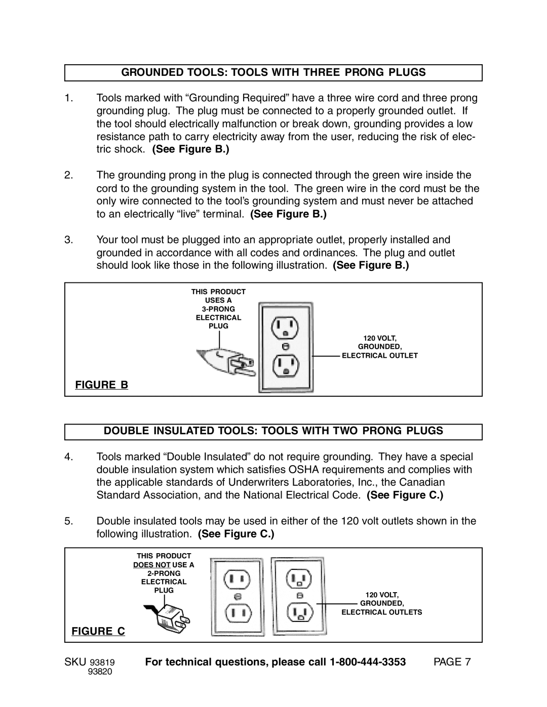 Harbor Freight Tools Model 93819 manual Grounded Tools Tools with Three Prong Plugs 
