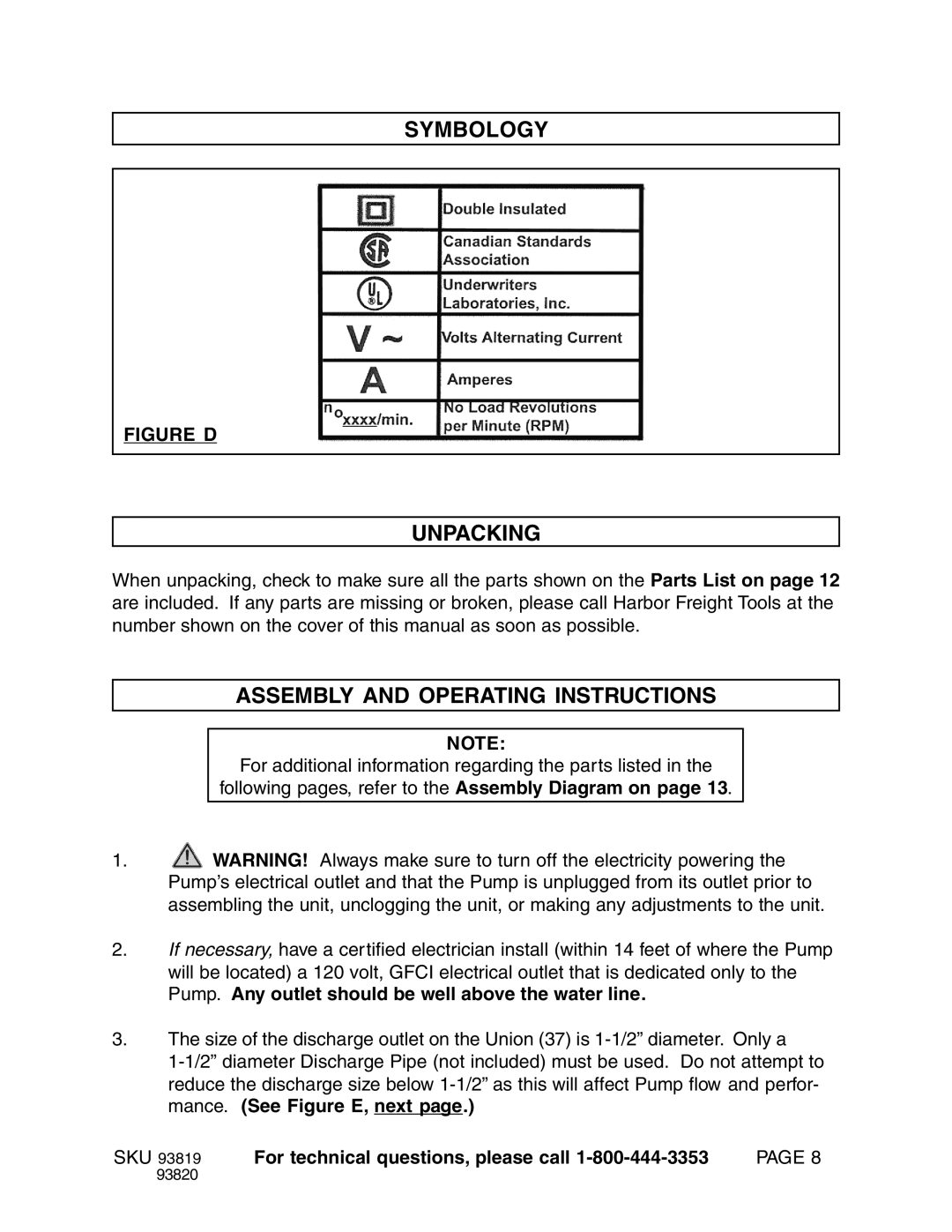 Harbor Freight Tools Model 93819 manual Symbology, Unpacking, Assembly and Operating Instructions 