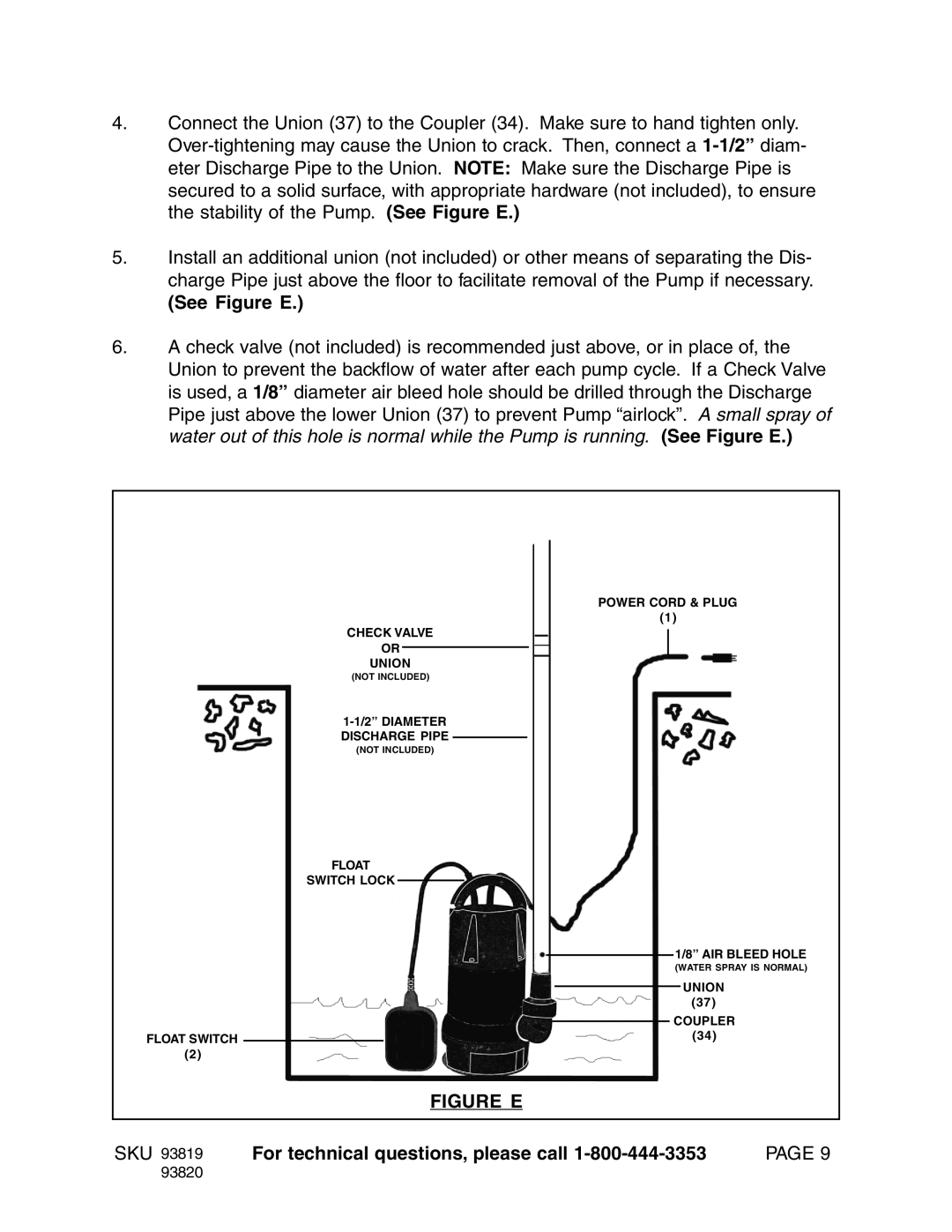 Harbor Freight Tools Model 93819 manual See Figure E 