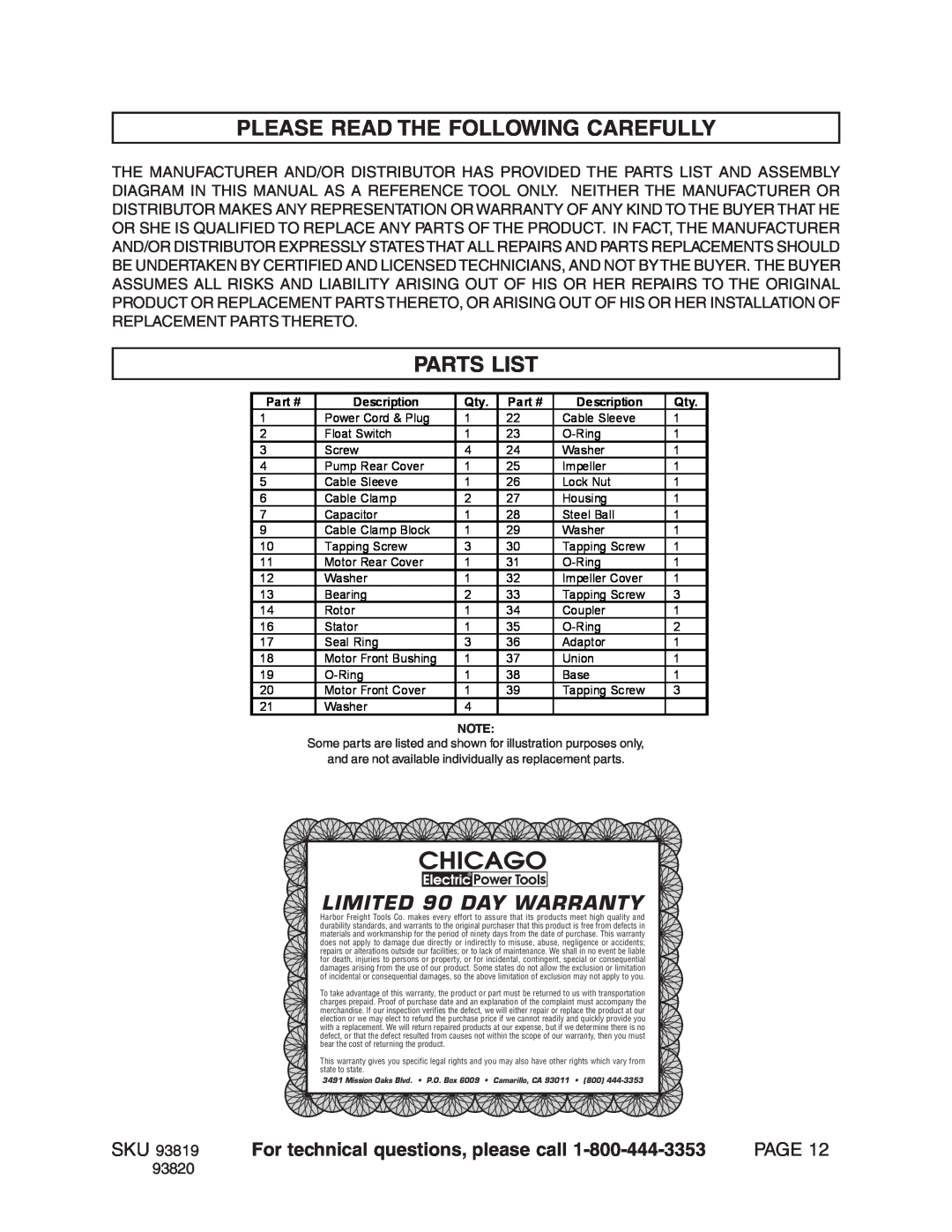 Harbor Freight Tools Model 93819 Please Read The Following Carefully, Parts List, LIMITED 90 DAY WARRANTY, Page, 93820 