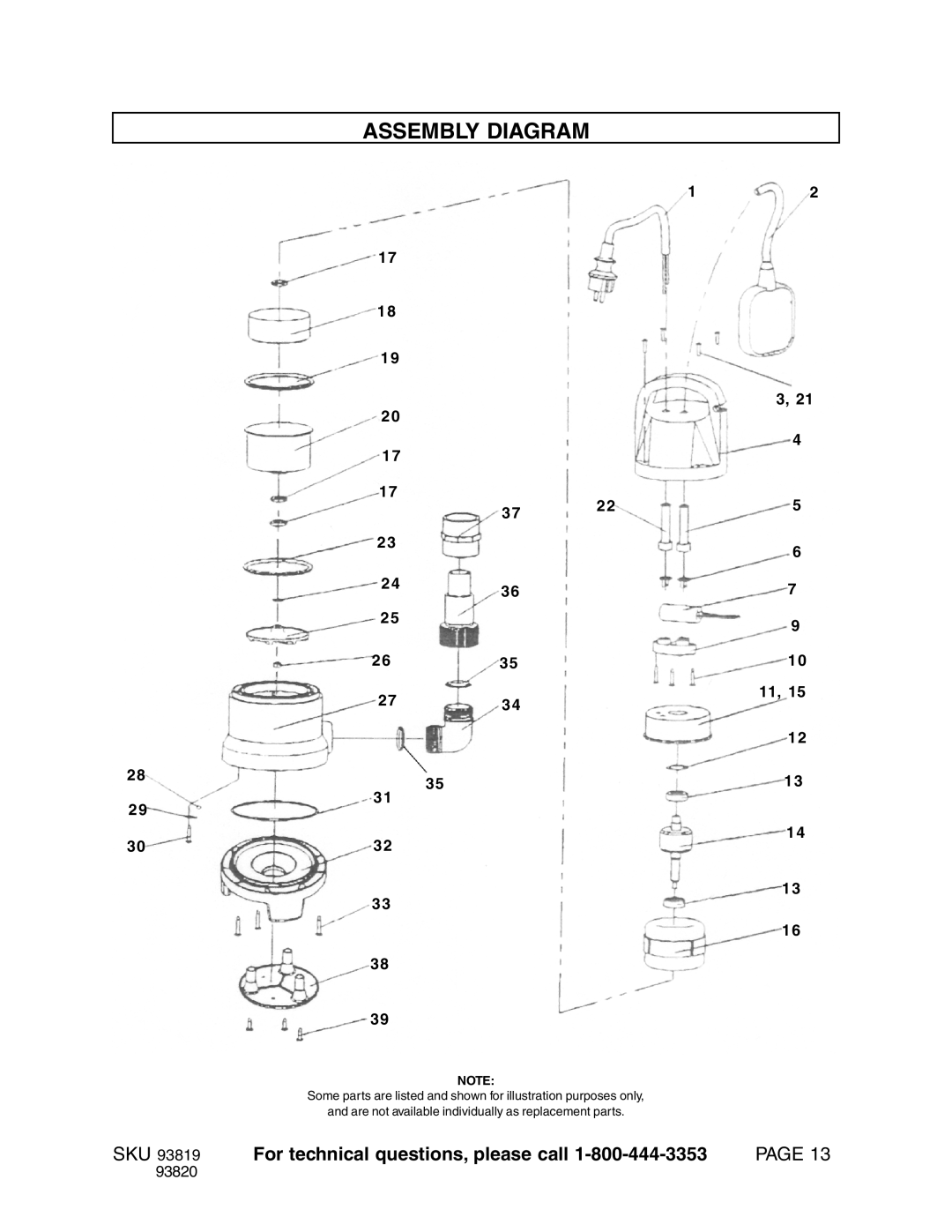 Harbor Freight Tools Model 93819 Assembly Diagram, For technical questions, please call, Page, 2635 2734, 10 11, 93820 