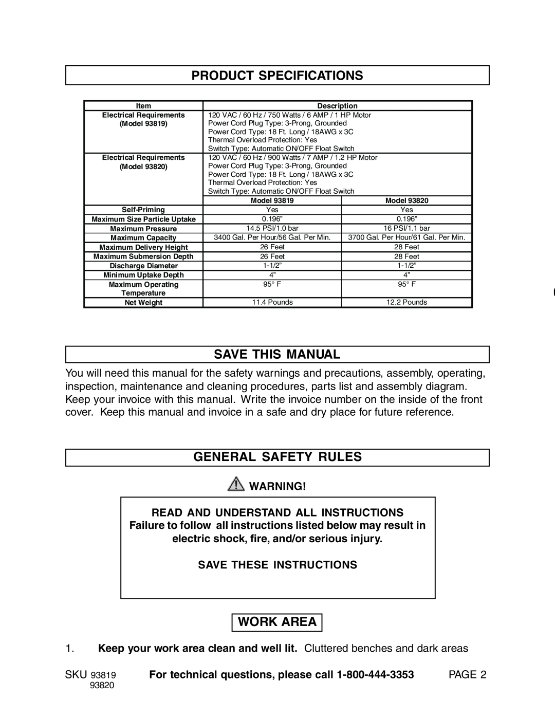 Harbor Freight Tools Model 93819 Product Specifications, Save This Manual, General Safety Rules, Work Area, Page, 93820 